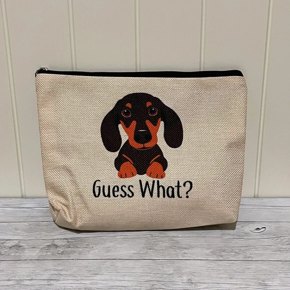 Guess What Dachshund Butt Cosmetic Bag Linen Zipper Pouch Beige Weiner Dog